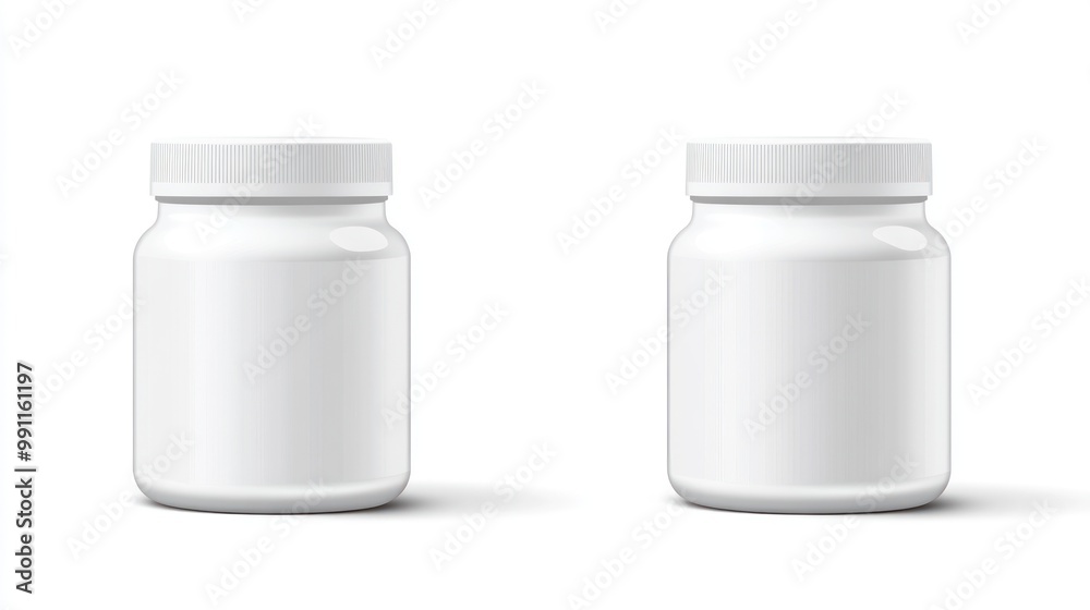 Two blank white plastic bottles with screw caps. Two blank white plastic bottles with screw caps.