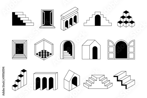Vector logo design template in simple minimal style, magical and mystical symbols, tattoo signs - entrances, doors and windows with steps and staircases