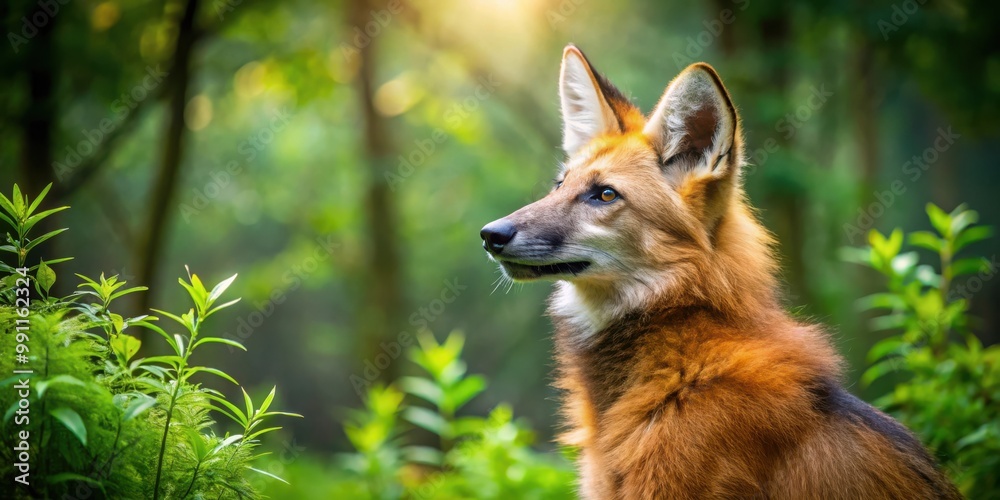 Fototapeta premium A maned wolf peacefully gazing upwards in a lush forest setting, radiating wonder and tranquility