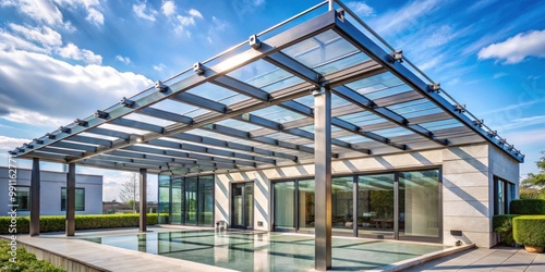 Glass pergola with steel roof mounts bolted to wall, showcasing modern architecture in a frameless design