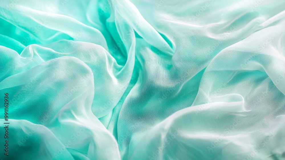 Fototapeta premium Luxurious turquoise fabric flowing gently, creating elegant backdrop for fashion, design, or beauty projects. Soft, delicate texture adds touch of luxury to creative endeavors