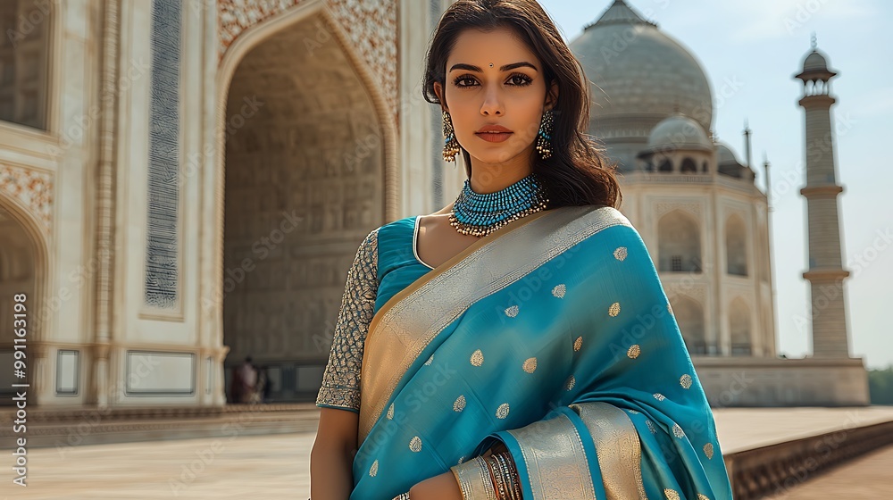 Fototapeta premium An elegant Indian woman in a turquoise silk saree, her jewelry glinting in the afternoon sun,