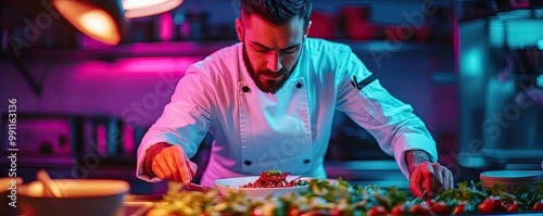 Futuristic chef curating dishes with neon plating, vibrant colors, contrasting elements, avant-garde kitchen atmosphere photo