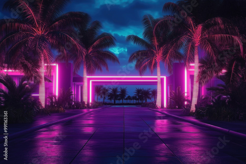 Neon lights with Miami tropical vice style background photo