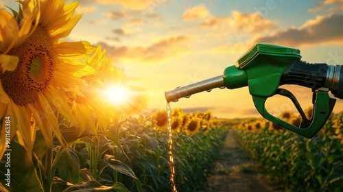 A green fuel nozzle pours gasoline or biofuel onto sunflower and corn fields at sunset, evoking themes of sustainability and energy photo