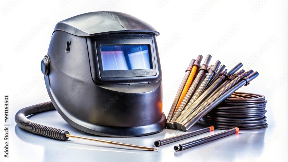 Welding accessories including a welding mask, electrodes, isolated on background Welding accessories including a welding mask, electrodes, isolated on background