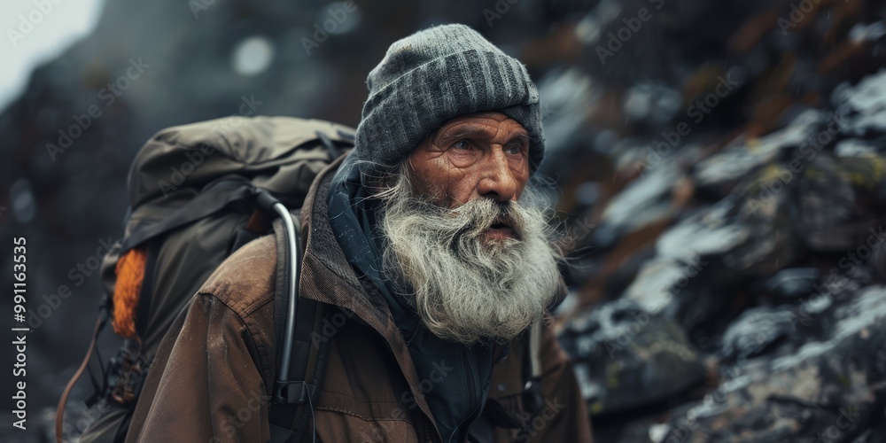 Fototapeta premium An elderly man with a long beard is hiking in the mountains