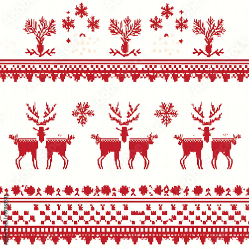 Nordic-inspired Christmas background with simple, clean lines and traditional patterns in red and white