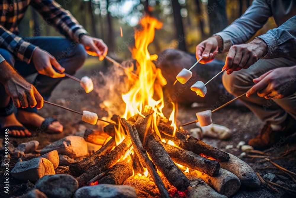 Fototapeta premium Hands roasting marshmallows over the fire. Generative AI.