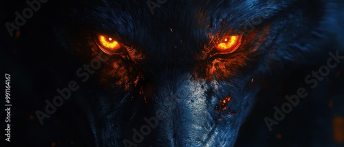 A close-up of a fierce wolf's face with glowing orange eyes.