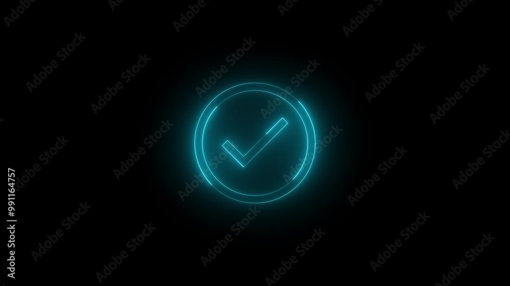 Neon completed icon cyan glowing black background animation Neon completed icon cyan glowing black background animation