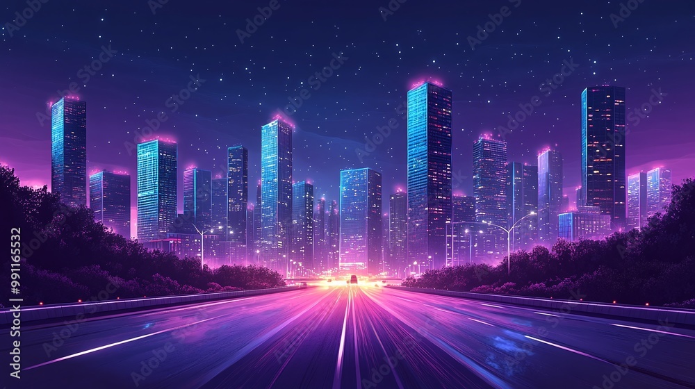 Fototapeta premium urban cityscape with an evening highway and light traffic, surrounded by modern skyscrapers and illuminated roads, highlighting the architectural beauty and efficient infrastructure of the city