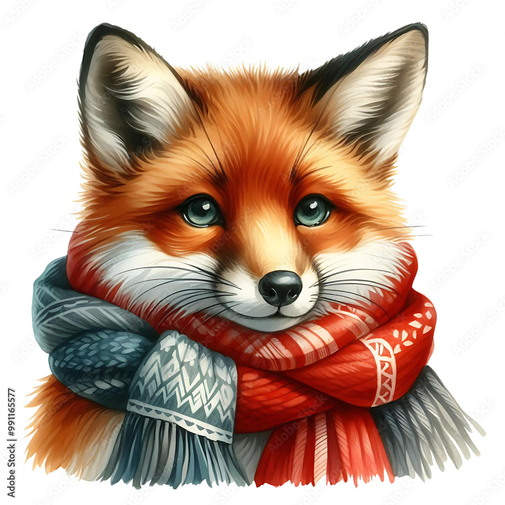 A watercolor painting of a cute fox wearing a scarf. The fox has a friendly expression on its face and is looking at the viewer. A watercolor painting of a cute fox wearing a scarf. The fox has a friendly expression on its face and is looking at the viewer.