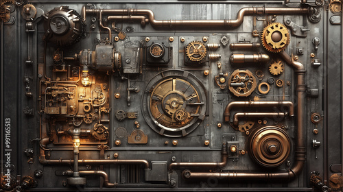 Steampunk Machine Control Panel with Gears and Pipes