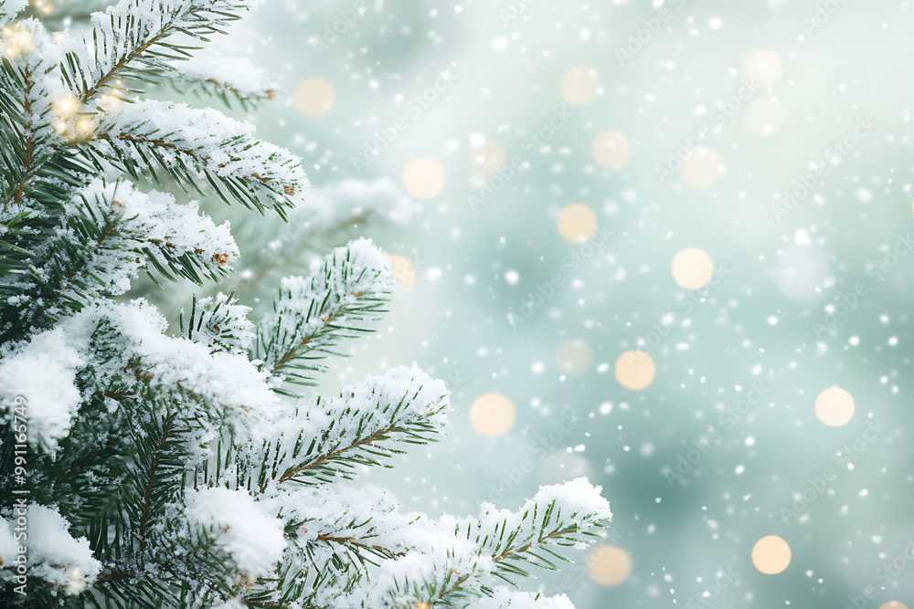 Green Christmas Background with Snow-Covered Trees Green Christmas Background with Snow-Covered Trees