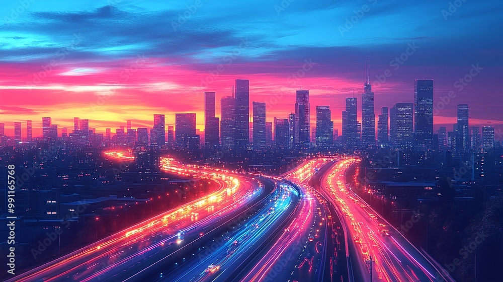 urban cityscape with an evening highway and light traffic, surrounded by modern skyscrapers and illuminated roads, highlighting the architectural beauty and efficient infrastructure of the city