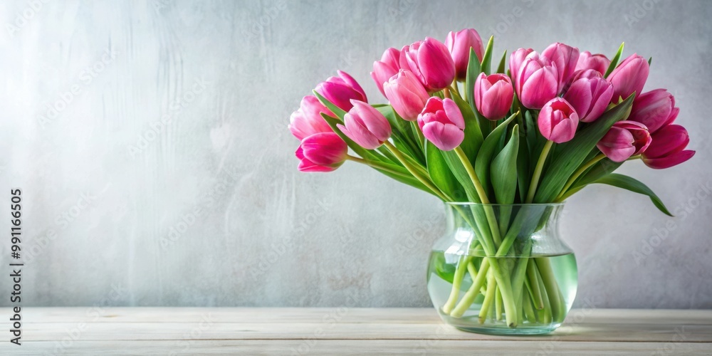 Vibrant pink tulips arranged elegantly in a clear glass vase Vibrant pink tulips arranged elegantly in a clear glass vase