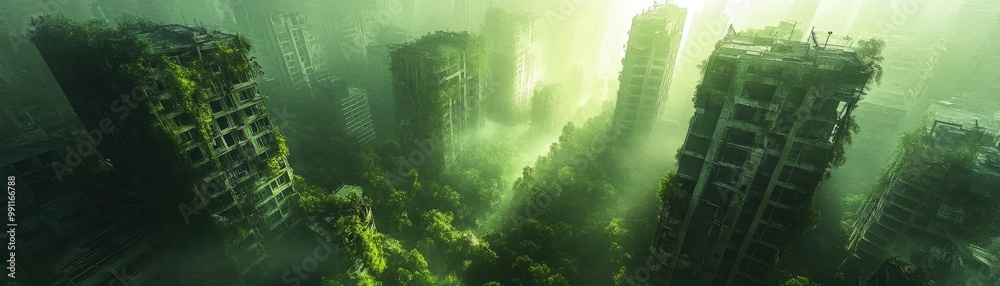Fototapeta premium High-angle view of a minimalist dystopian cityscape, abandoned structures intertwined with nature, ethereal lighting