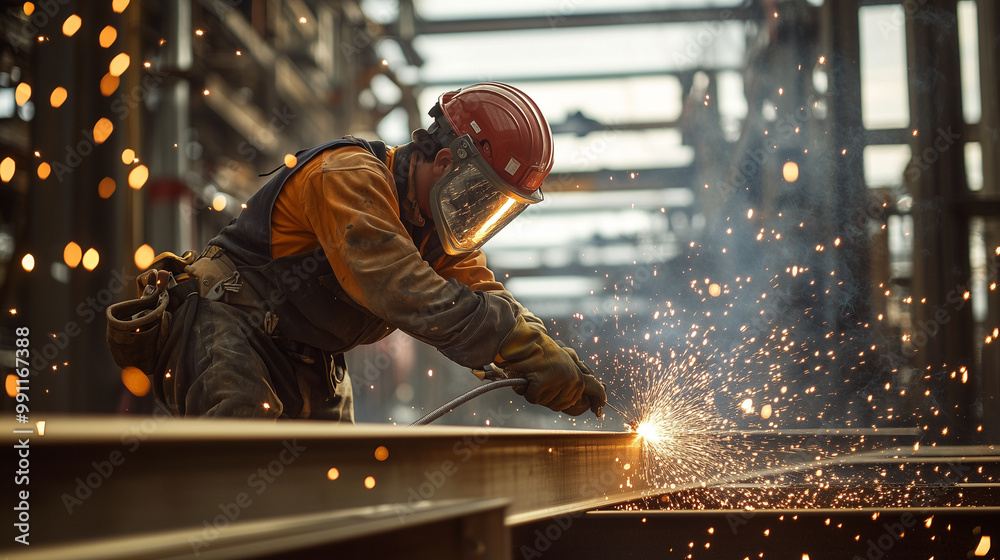 Welder Working with Sparks in Industrial Setting Welder Working with Sparks in Industrial Setting