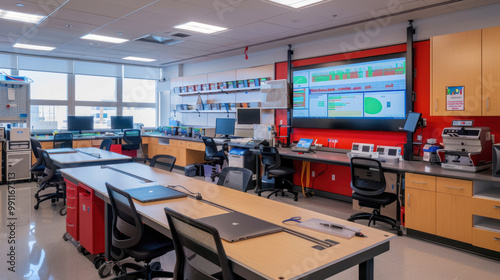 A collaborative workspace in a research lab featuring flexible desks, high-tech instruments, and smart boards for scientific discussions.