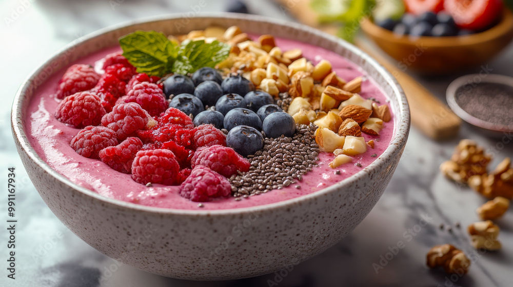 Colorful smoothie bowl topped with fresh raspberries, blueberries, chia seeds, nuts, and garnished with mint leaves on a marble background. Colorful smoothie bowl topped with fresh raspberries, blueberries, chia seeds, nuts, and garnished with mint leaves on a marble background.