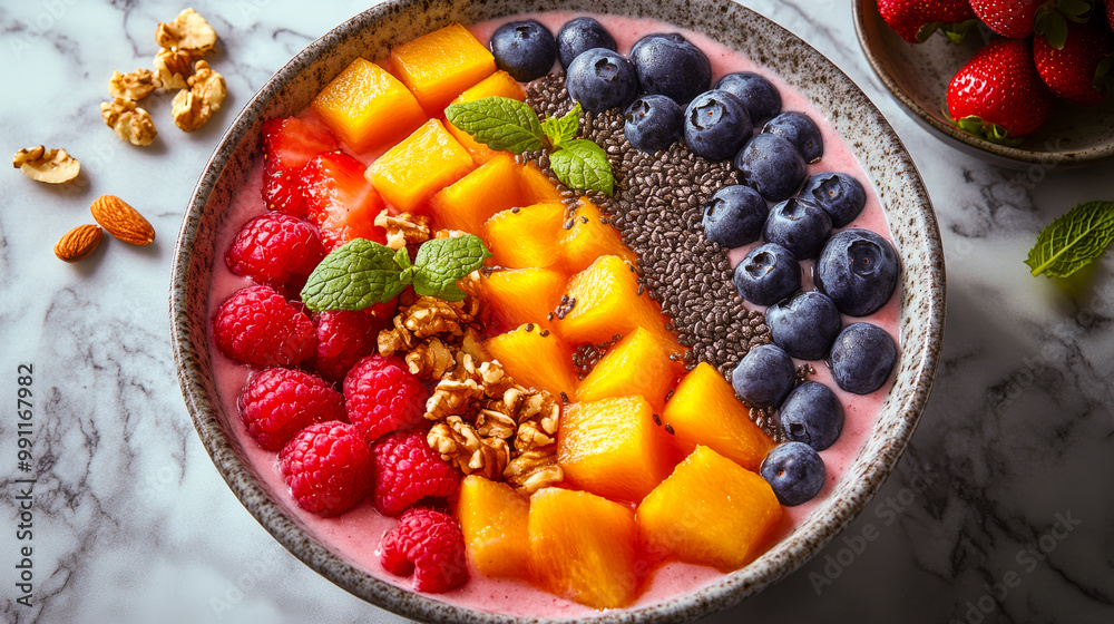 Colorful smoothie bowl topped with fresh raspberries, blueberries, chia seeds, nuts, and garnished with mint leaves on a marble background.