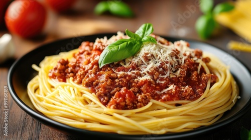 A plate of spaghetti topped with meat sauce, basil, and cheese, served on a wooden table.