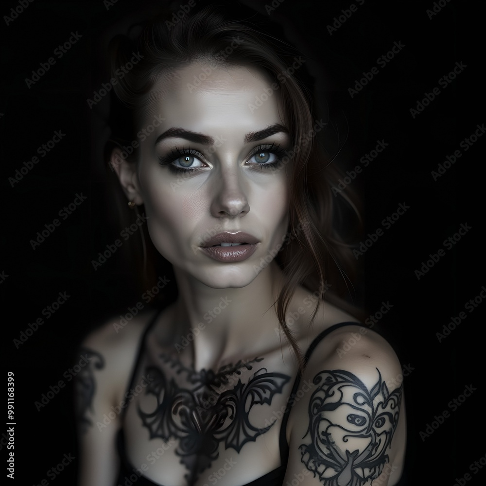 Eine junge Frau mit Tatoos vor einem schwarzen Hintergrund, Eine junge Frau mit Tatoos vor einem schwarzen Hintergrund,
