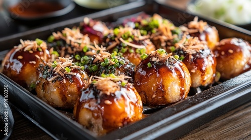 A close-up of savory takoyaki balls topped with sauce, green onions, and bonito flakes.