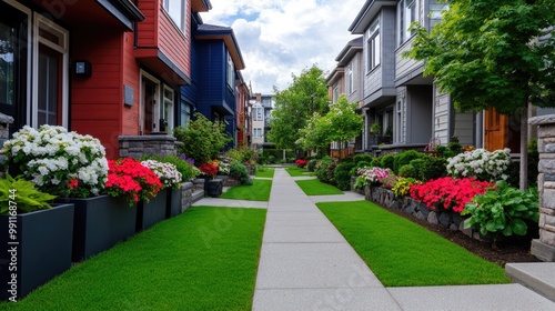 New townhouses in KSci Moran feature vibrant exteriors, large windows, and lush landscaping, creating a harmonious community atmosphere under natural midday light