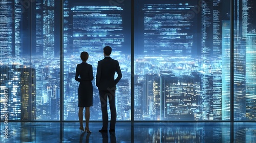 Professionals gazing at a futuristic city skyline through a glass window.