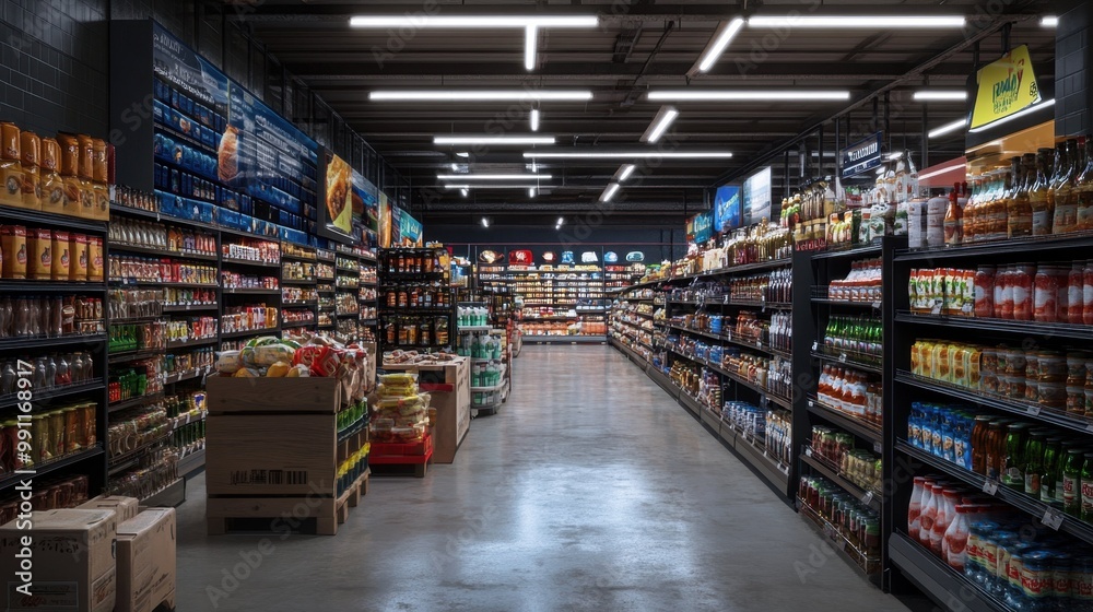 An empty grocery store aisle that is filled with a wide array of products An empty grocery store aisle that is filled with a wide array of products