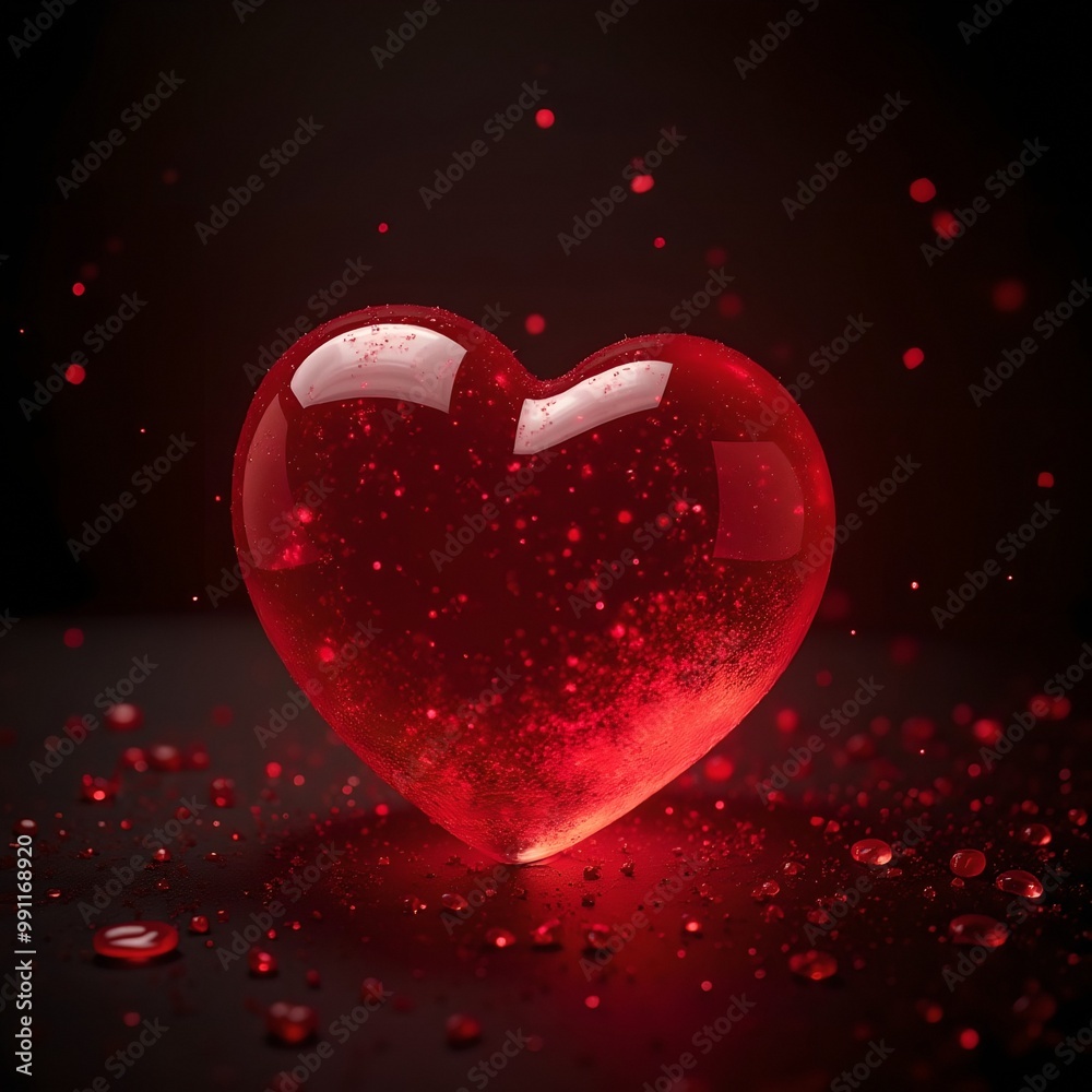 Ein rotes Glasherz steht vor einem schwarzen Hintergrund, auf dem Boden liegen einzelne rote Teilchen