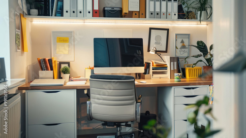 A compact home office featuring multi-functional furniture, such as a desk with built-in storage drawers and a filing system. photo