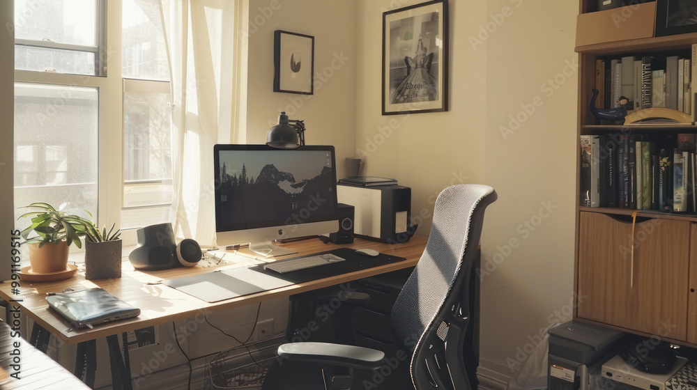 A compact home office setup in a small apartment, featuring a space-saving desk, ergonomic chair, and a few personal decor items to create a functional workspace. A compact home office setup in a small apartment, featuring a space-saving desk, ergonomic chair, and a few personal decor items to create a functional workspace.