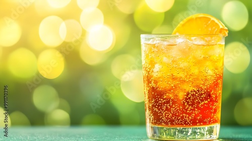 Refreshing beverage with ice and orange slice on a blurred sunny background.