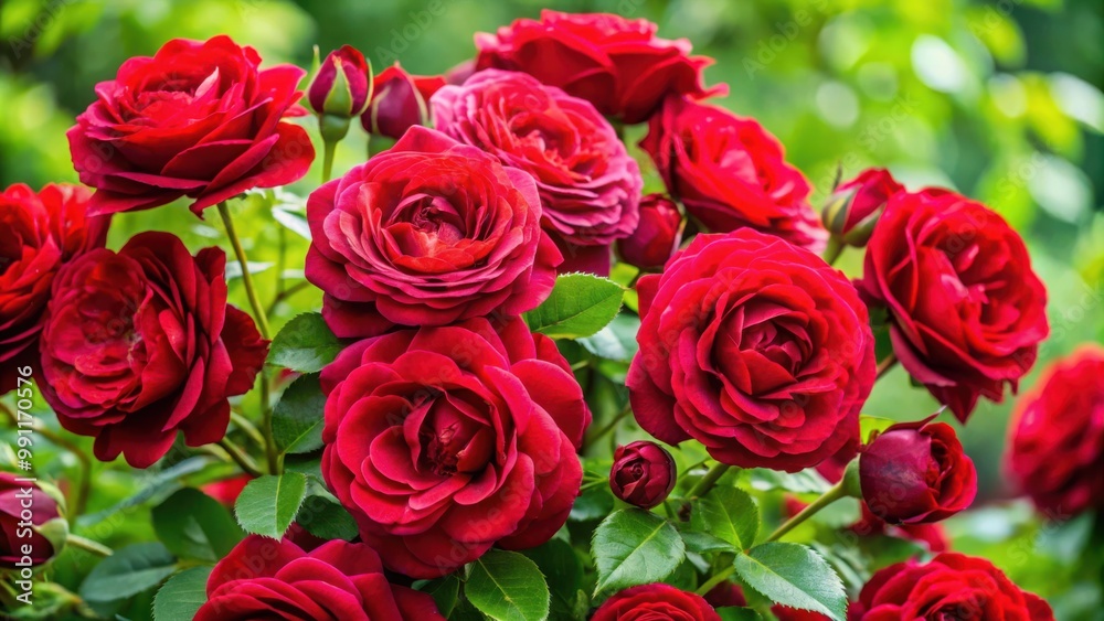 Vibrant image of Lady Ryder of Warsaw rich crimson red roses in a modern British shrub by Harkness Vibrant image of Lady Ryder of Warsaw rich crimson red roses in a modern British shrub by Harkness