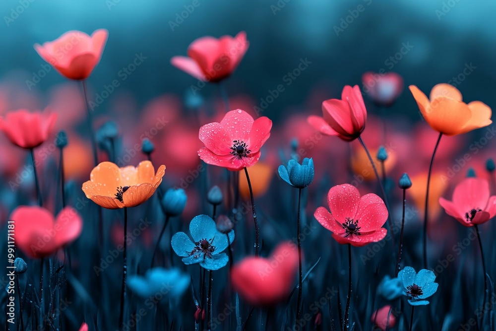 Fototapeta premium Colorful flowers blooming in a vibrant and enchanting field.