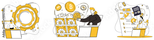 Bitcoin mining vector illustration. Financial, heartbeat, pulses through veins Bitcoin, driving economic engine forward Bitcoin mining metaphor, excavation, delves into virtual earth to extract