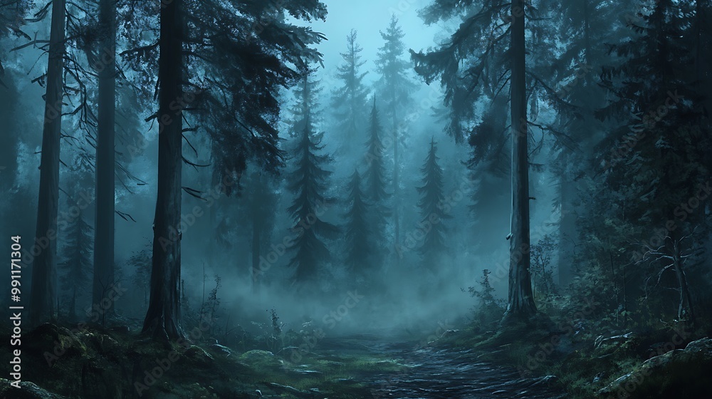 Fototapeta premium A misty forest scene with tall trees, creating a mysterious and tranquil atmosphere under a cool, blue-toned light.