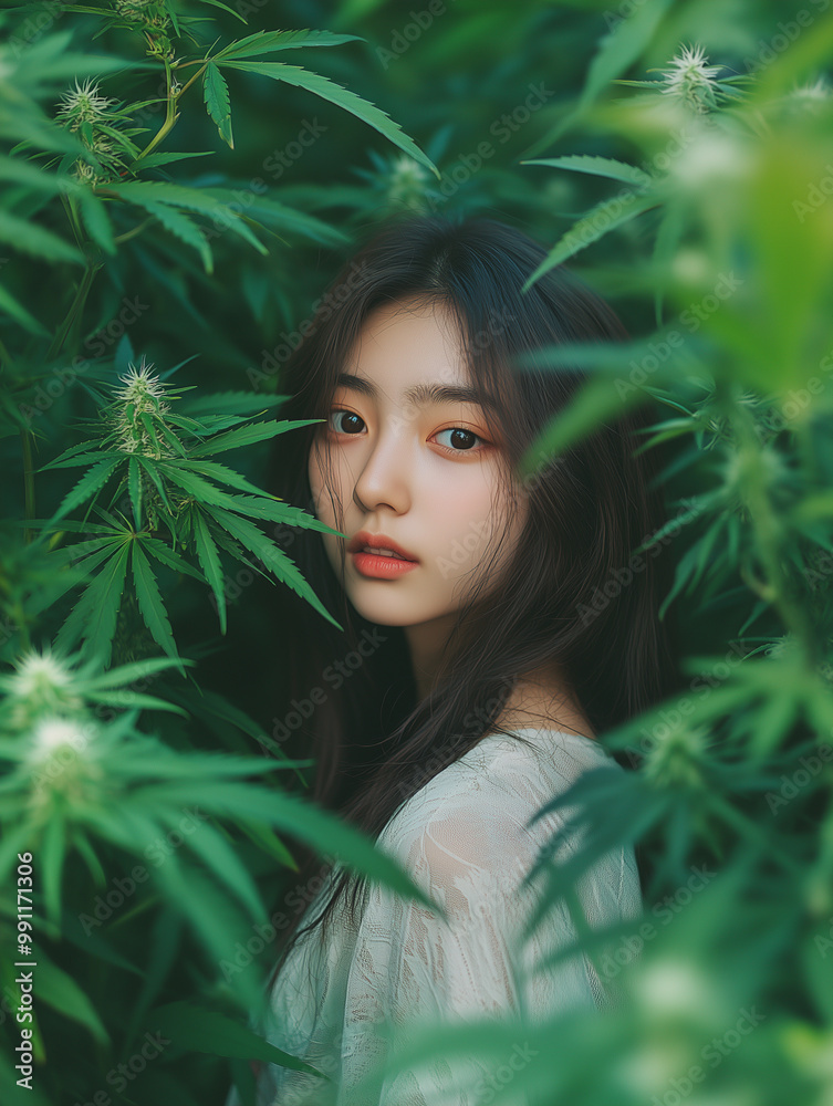 Beautiful Asian young woman wearing a white shirt standing in a cannabis plantation Beautiful Asian young woman wearing a white shirt standing in a cannabis plantation