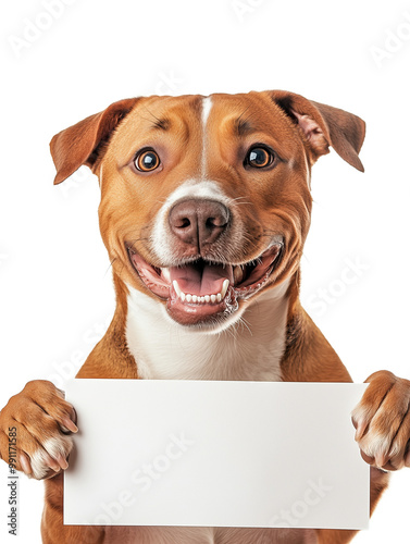 American Pit Bull Terrier dog on a background of isolated white holds a rectangular piece of paper in its paws