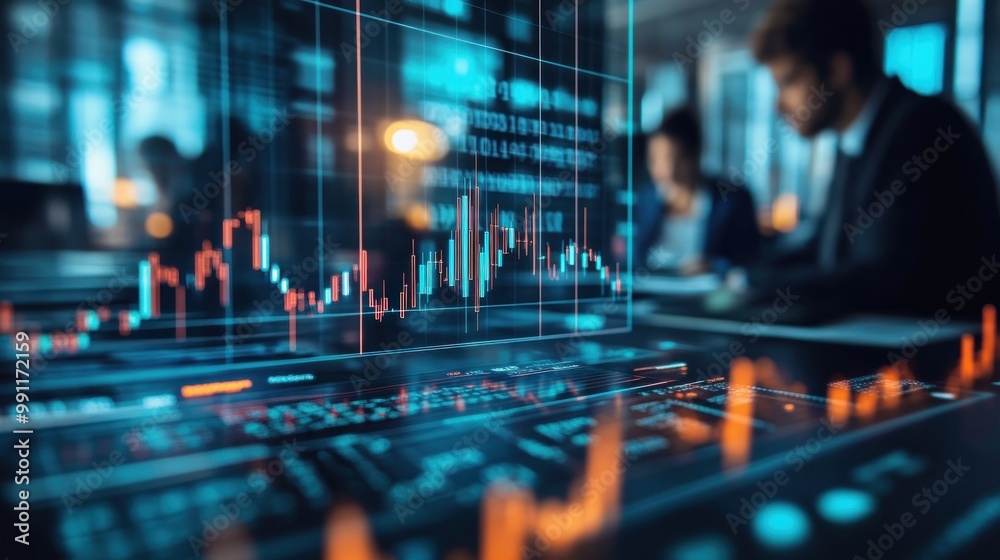 A digital display showing financial data and graphs in a business environment. A digital display showing financial data and graphs in a business environment.