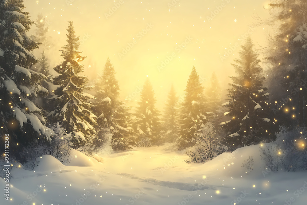 Enchanting Christmas background with a snow-covered forest scene and subtle golden glow Enchanting Christmas background with a snow-covered forest scene and subtle golden glow