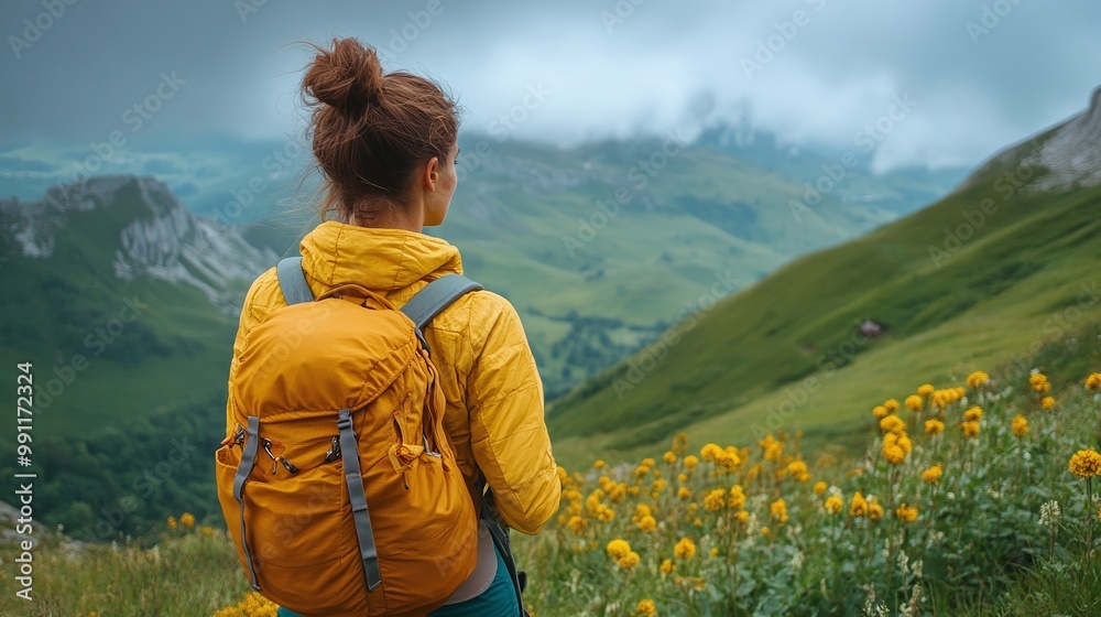 Naklejka premium woman taking in the scenic mountain view with her backpack after a hike, enjoying the peaceful outdoors and the beauty of nature at the summit