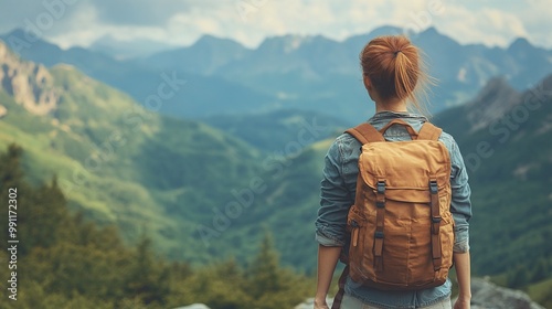 woman taking in the scenic mountain view with her backpack after a hike, enjoying the peaceful outdoors and the beauty of nature at the summit