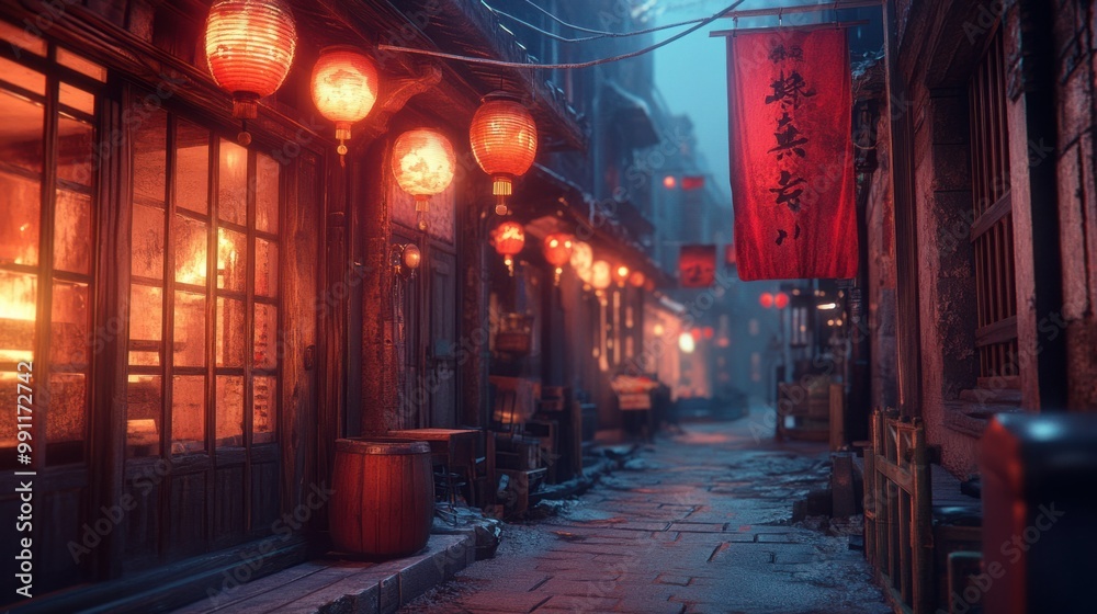A quiet alleyway illuminated by soft lantern light, with red banners and traditional New Year decorations lining the walls. A quiet alleyway illuminated by soft lantern light, with red banners and traditional New Year decorations lining the walls.