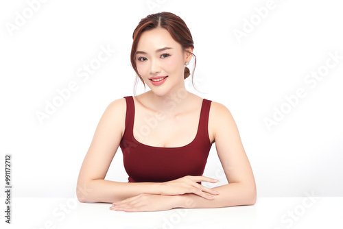 Beautiful young asian woman with clean fresh skin on white background, Face care, Facial treatment, Cosmetology, beauty and spa, Asian women portrait.