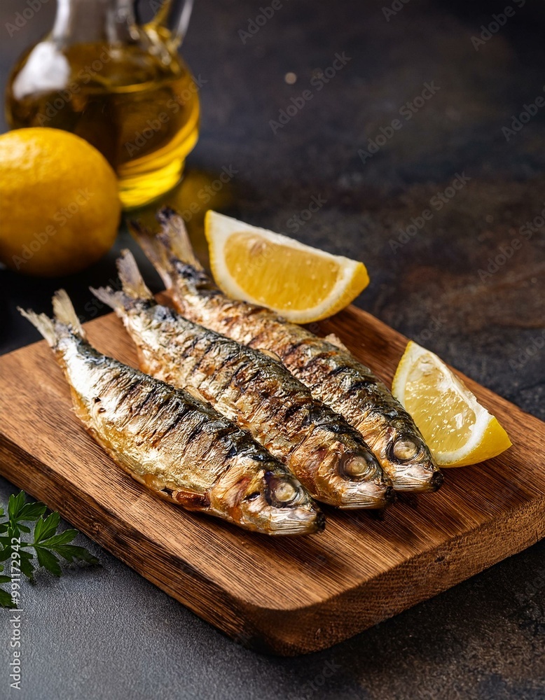 Close up Grilled sardines served with lemon and olive oil on a rustic board, grilled sardines, Mediterranean appetizer healthy food Close up Grilled sardines served with lemon and olive oil on a rustic board, grilled sardines, Mediterranean appetizer healthy food