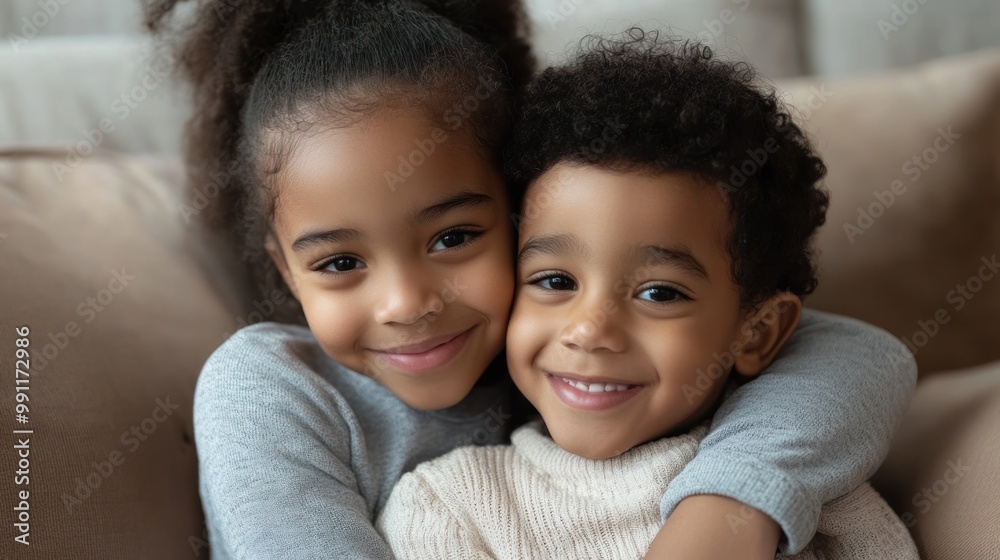 Two smiling children embracing on a couch, showcasing joy and affection. Two smiling children embracing on a couch, showcasing joy and affection.